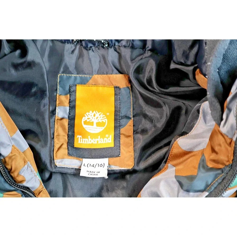 Timberland Jacket Boys Large 14/16‎ Camo Hooded Puffer Full Zip Gray Sleeves